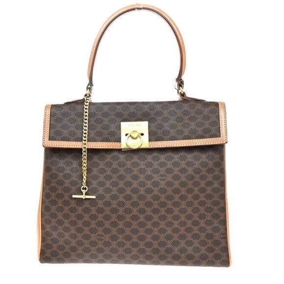 CELINE Logo Macadam Pattern Hand Bag PVC Leather Brown Gold Italy 04EF233 - Picture 1 of 14